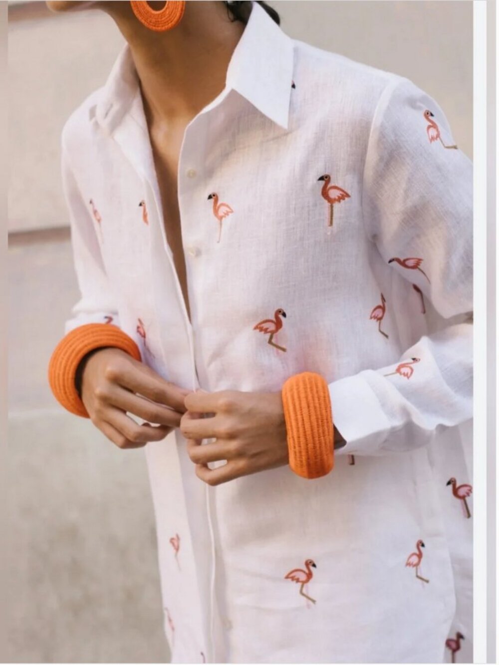 Chico's Linen Flamingo Embroidered Button Down White Shirt size 1